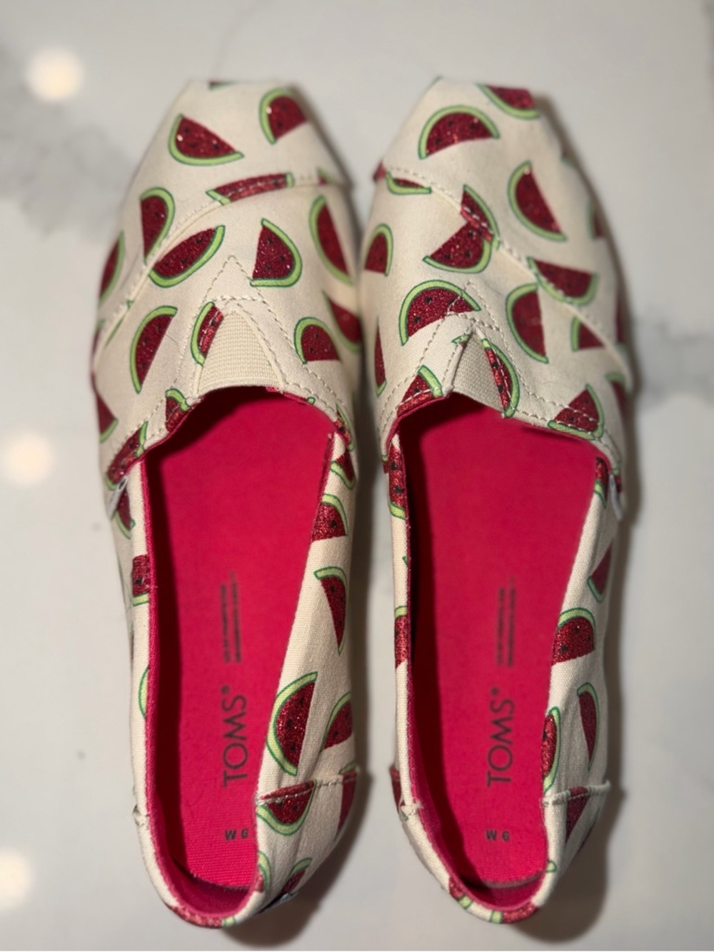 TOMS Watermelon Print Glitter Slip-On Shoes Womens 6 Summer Cute